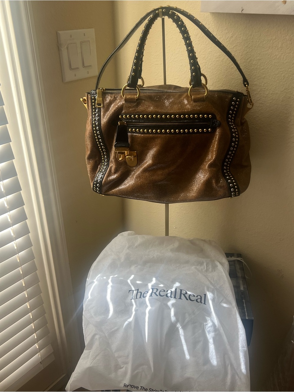 Authentic Prada Stud-Trim Brown Leather Tote Bag - Picture 1 of 15